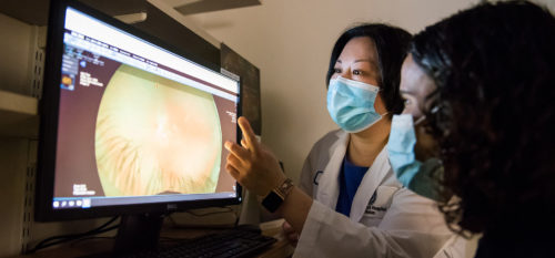 Attending doctor instructs student in interpreting an eye image.