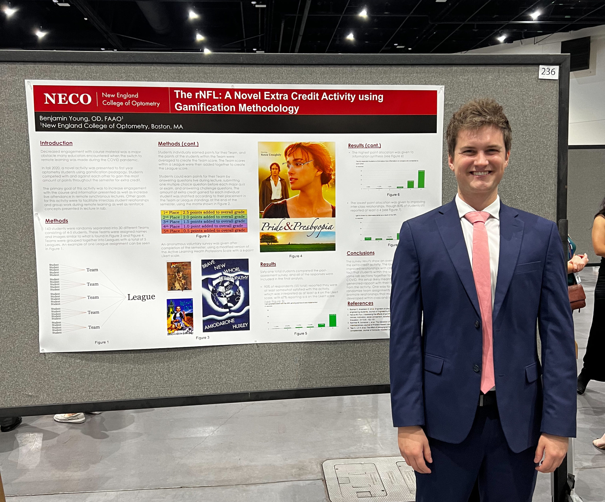 Man in suit stands in front of research poster